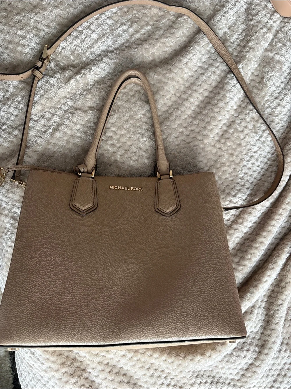 Michael Kors Taupe Pebbled Leather Satchel with Gold Logo